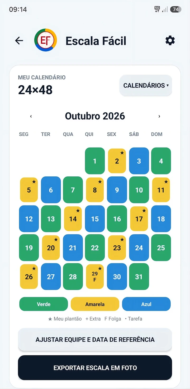 Calendário de outubro na escala 24×48 com as equipes Verde, Amarela e Azul e os plantões marcados com estrela